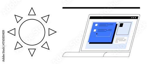 Sun radiating light next to an open laptop displaying an interface with files and communication tools. Ideal for concepts thumbs up productivity, remote work, daylight, energy, technology