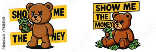 Cartoon bears demanding money with angry expressions and stacks of cash against a white background