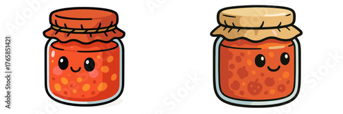 Cute cartoon jars of tomato sauce with happy faces in bright colors for fun kitchen decor