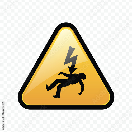 Glossy yellow and black vector warning sign indicating danger of electrocution or severe electrical shock