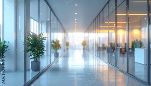 Wallpaper Mural Bright, modern office hallway with plants, glass walls, and natural light Torontodigital.ca