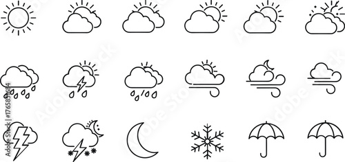 Collection of black line art weather icons including sun clouds rain lightning snow and umbrellas vector