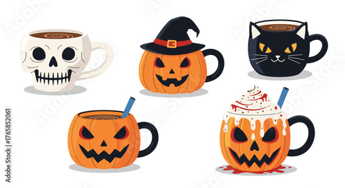 Halloween themed coffee mugs with spooky and festive designs.
