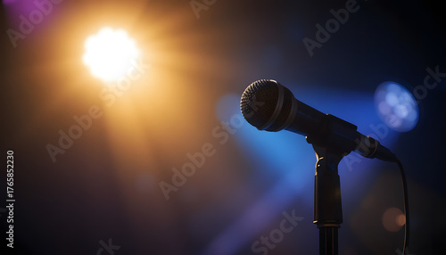 Center Stage Brilliance: An intimate look at a microphone bathed in warm, inviting stage lights, ready for a performance. Capture the anticipation. 
