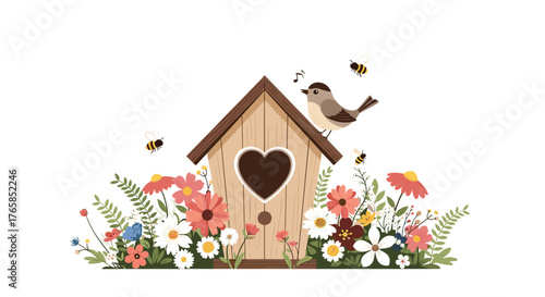Birdhouse surrounded by colorful flowers, a beautiful spring scene.