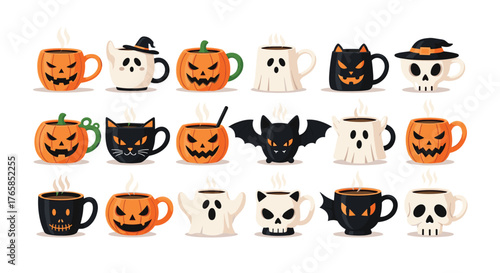 Halloween themed mugs collection, various spooky designs.