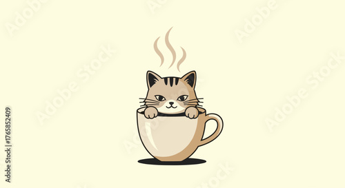 Cute cat relaxing inside a warm coffee cup illustration.