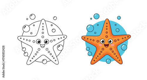 Cute cartoon starfish with bubbles in the ocean.