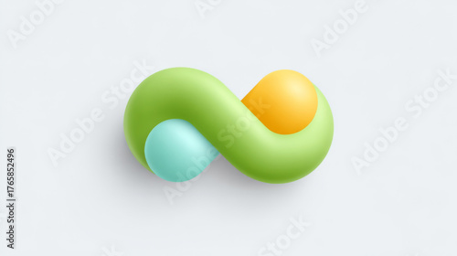 Abstract 3D rendering of a continuous infinity loop shape, soft green, orange, and blue, representing connection, endless concept, and soft design.