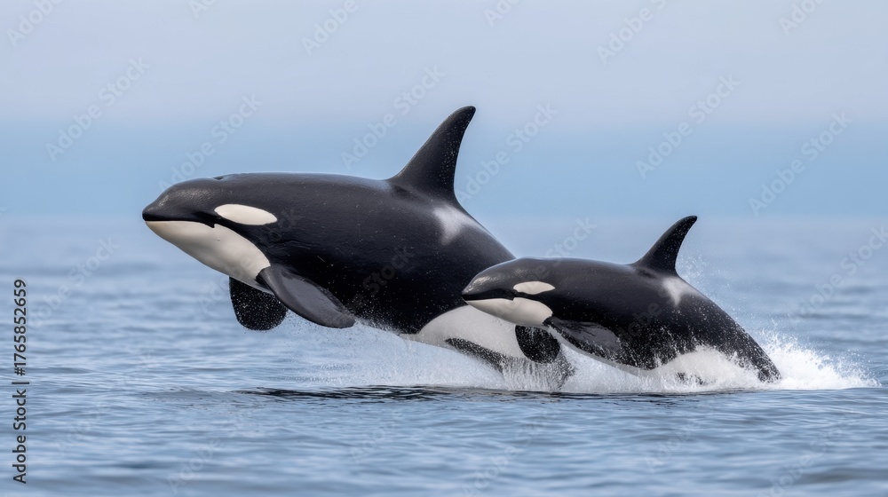 Fototapeta premium Majestic Orcas Leaping Out of Calm Blue Water in Clear Sky, Showcasing Nature's Incredible Marine Life Beauty and Grace in Ocean Habitat