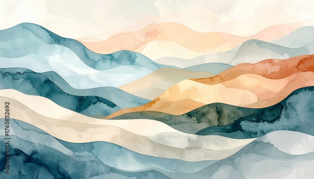Obraz premium Abstract watercolor art of layered, rolling hills in soft blues, greens, and warm earthy tones