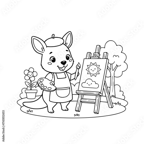 Creative kangaroo artist painting on easel with palette and flower, simple coloring page for toddlers Generative Ai 