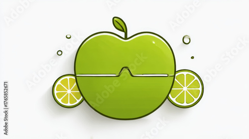 Minimalist flat design apple icon with lemon slices as sunglasses, vibrant green and yellow, representing fun fruit concept and healthy vision.