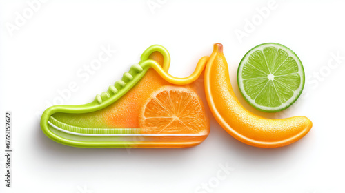 Surreal illustration of a running shoe made from citrus fruit and banana, vibrant orange and green, representing fitness, energy, and healthy food concept.