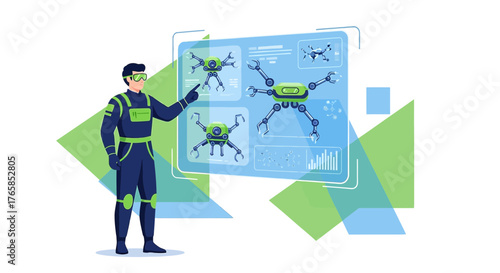 Futuristic engineer presenting advanced drone technology on transparent display system