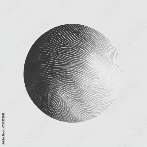 Abstract 3D rendered textured sphere with layered organic swirls, high-contrast monochrome, representing sound wave or topographic structure.