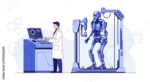 Futuristic engineering with a scientist and robot, advanced technology in robotics design, digital