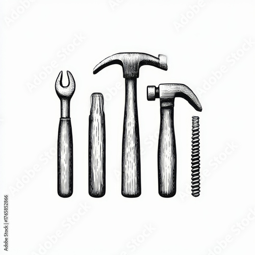 Vintage style hand-drawn engraving of basic woodworking tools, black and white, representing craftsmanship, labor, and Father's Day concept.