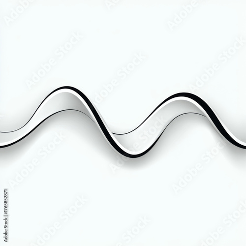 Minimalist abstract 3D horizontal wavy line, black and white, representing balance, movement, and graphic design element.