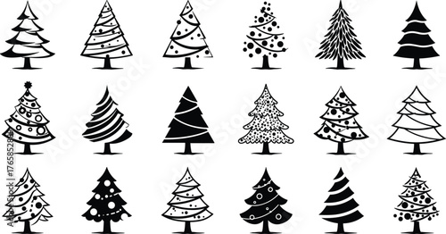 Collection of fifteen black and white Christmas tree icons with varied decorations xmas tree holiday