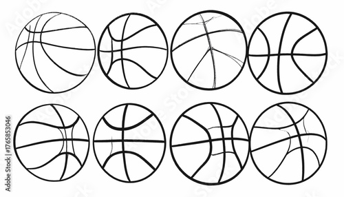 Eight basketball sketches in various designs, featuring bold, textured lines against a white backdrop
