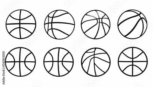 Eight stylized basketball illustrations in black and white, featuring varying line thicknesses and design