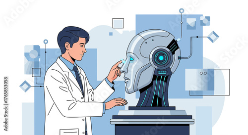 Futuristic interaction showcasing the future of technology with a scientist and robot head