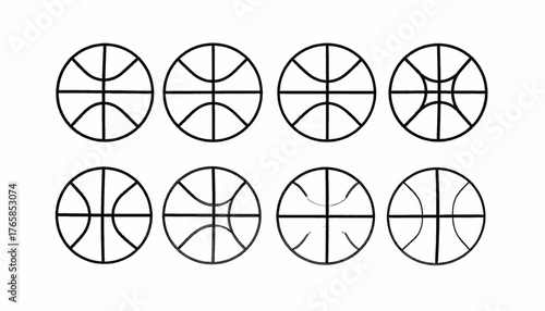 Eight simple basketball design variations, using curved and straight lines, against a clean white backdrop