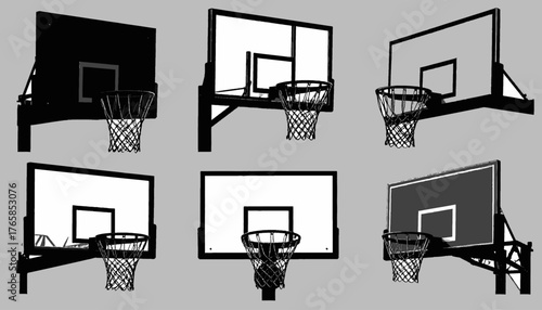Black and white illustration of basketball backboards with nets. Varied perspectives and styles are displayed