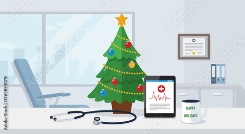Festive illustration of a healthcare-themed Christmas setting with a tree and medical supplies for holiday marketing and wellness campaigns