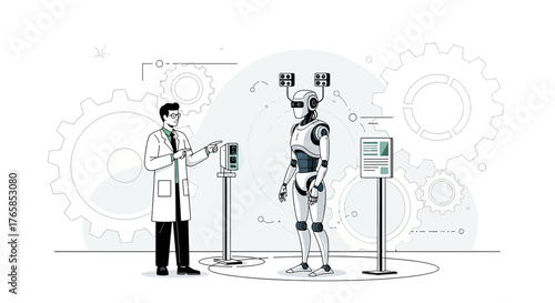Futuristic interaction between scientist and android, representing the future of technology and