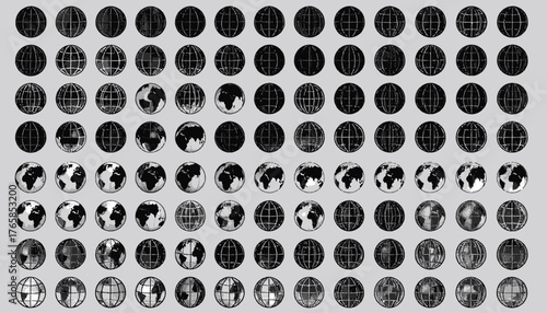 Black and white illustration displays multiple globes with varying depictions of landmasses