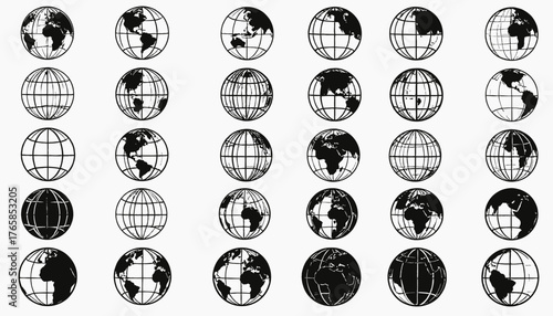 Black and white illustration showing a series of 36 different views of a globe against a white backdrop