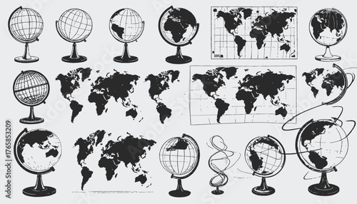 Collection of world maps and globes illustrations in a monochrome style, black and white design