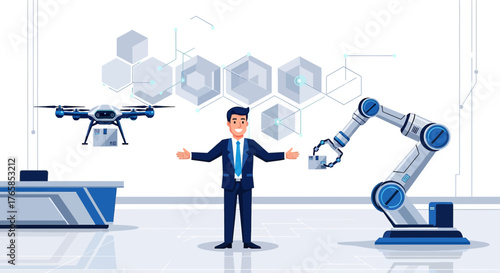 Futuristic logistics solution featuring a drone delivering and robot arm packaging goods with