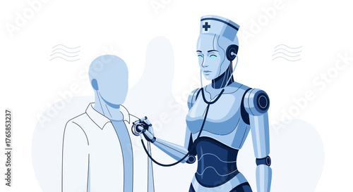 Futuristic medical assistance: Robot nurse examining a patient, showcasing technological