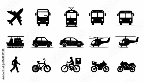 Black and white icons of transport vehicles, walking man, and a bicycle with a delivery person