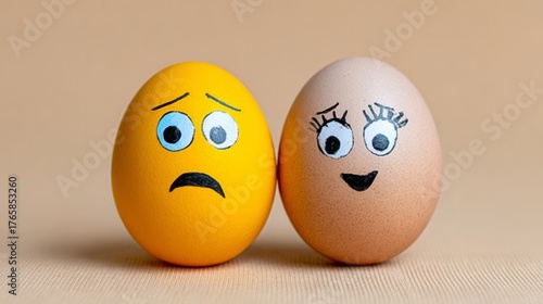 Wallpaper Mural Two eggs with faces drawn on them, one with a frown and the other with a smile. The eggs are placed next to each other on a table Torontodigital.ca