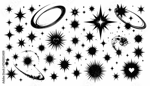 Black and white star illustrations with varied shapes including hearts and orbital elements