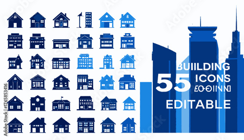 Collection of 55 blue building icons in a hand-drawn style, suitable for various design projects