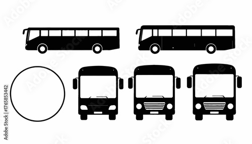 Black bus illustrations in various angles. Includes side and front views of several transport vehicles