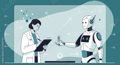 Futuristic research collaboration, scientist and android, charting advancements and innovation in