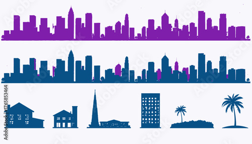 Silhouettes of cityscapes and buildings are arranged in a horizontal layout, using a two-color scheme