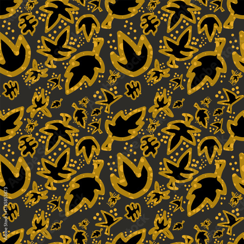Seamless pattern with golden outlined autumn leaves on dark background