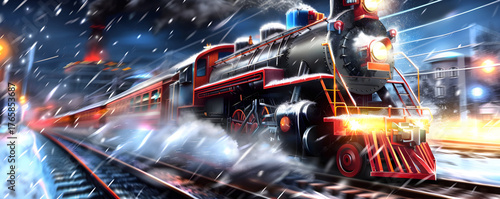 Red polar express train passing through a snowy forest. Christma