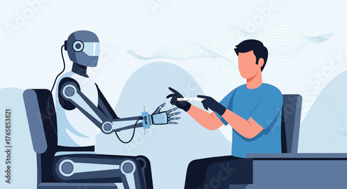 Human doctor providing a vaccine injection to a robot symbolizing innovative healthcare