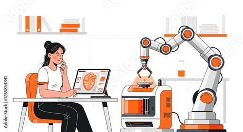 Human innovation a robotic arm meticulously crafting a complex artificial human heart model