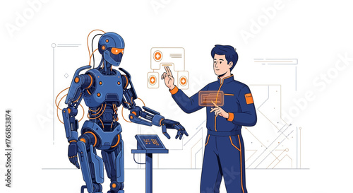 Human-machine collaboration, engineer interacting with advanced robot for complex task management