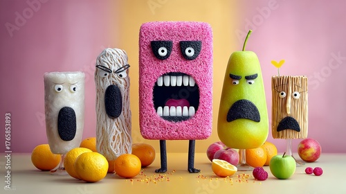 Group of cartoon characters are standing in front of a table with fruit and desserts. Scene is lighthearted and playful, as the characters are dressed up in funny outfits