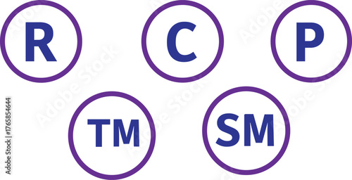 Copyright Trademark Service Mark Registered symbols in purple circles vector